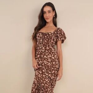 Lulus Remarkably Flourishing Brown Floral Puff Sleeve Midi Dress - Size L